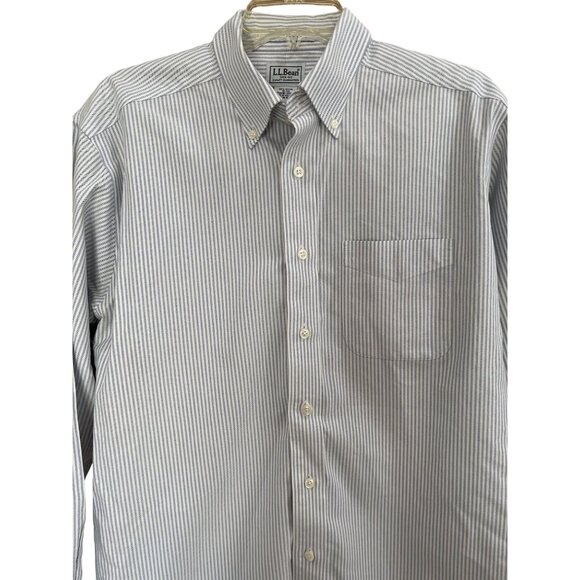 L.L.Bean Men's Button Down Long Sleeve Collared White and Blue Striped Shirt Siz - Picture 2 of 15